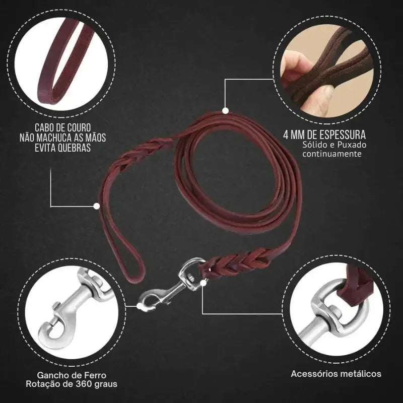 Trela de Couro Genuíno para Cão